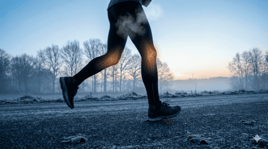 Runner holding knee in winter showing joint stiffness and pain.