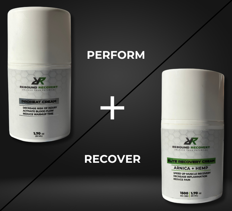 Rebound Recovery's ultimate Sports Recovery solution, the Performance Bundle. Perform at your best and help your muscles recover like the pros with ProHeat Cream and Elite Recovery Cream.